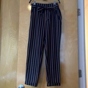 Zara Striped Navy Ankle Paperbag Pant with Tie Waist